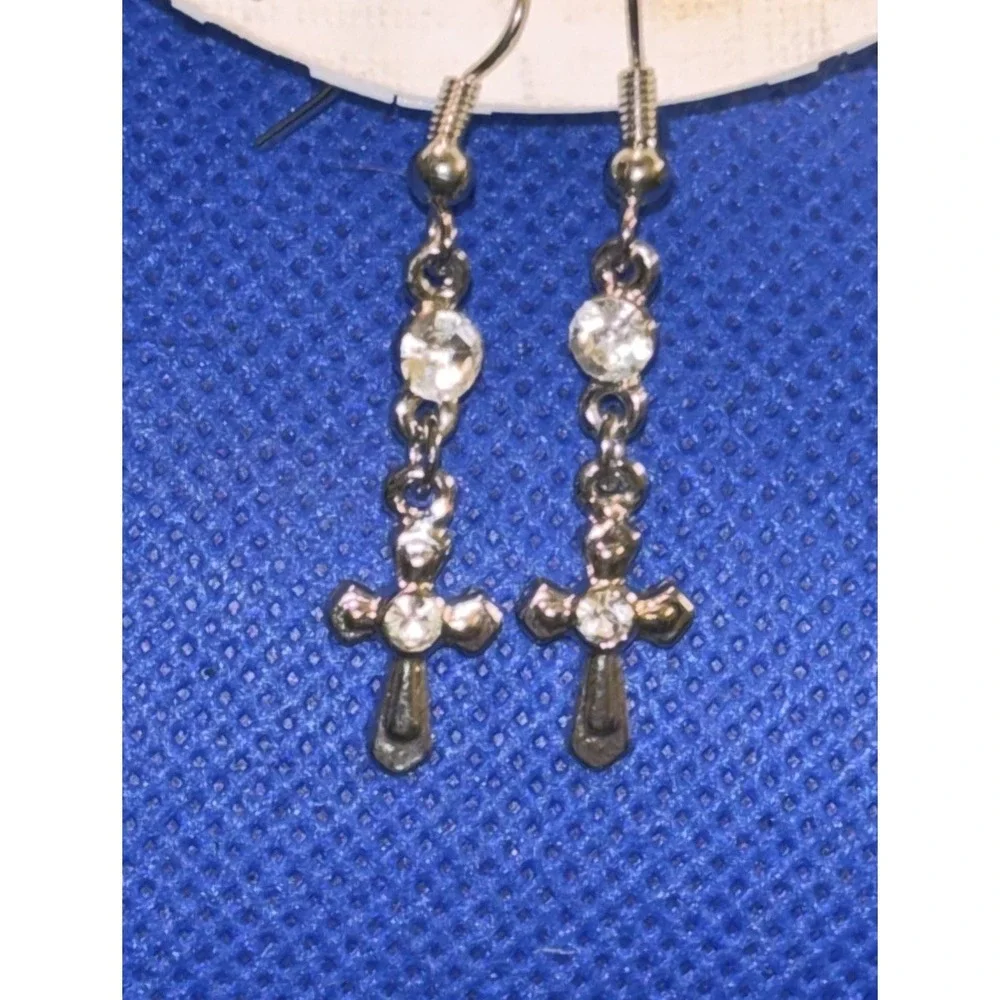 Clear Crystal Rhinestones and Cross w Silver Hooks Dangle Drop Pierced Earrings